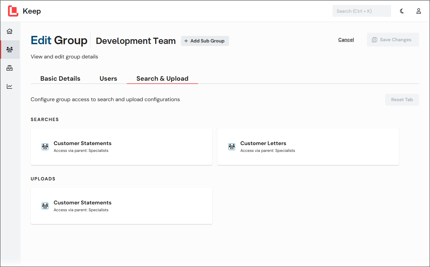 Search and upload tiles on the Edit Group page that contain Access via parent as their access status.